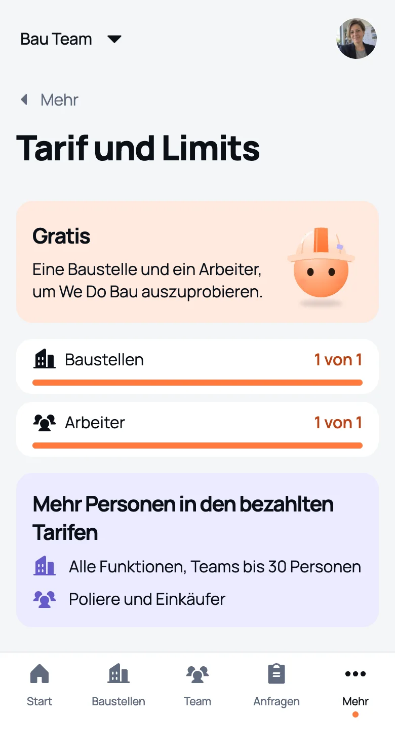 „Tarif und Limits“ in Free: 1 von 1 Baustelle und 1 von 1 Mitarbeiter belegt