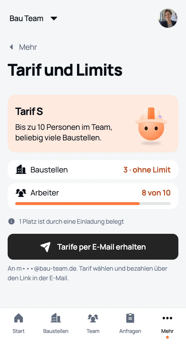 „Tarif und Limits“ nach der Zahlung: Tarif S, 8 von 10 Personen, Baustellen unbegrenzt
