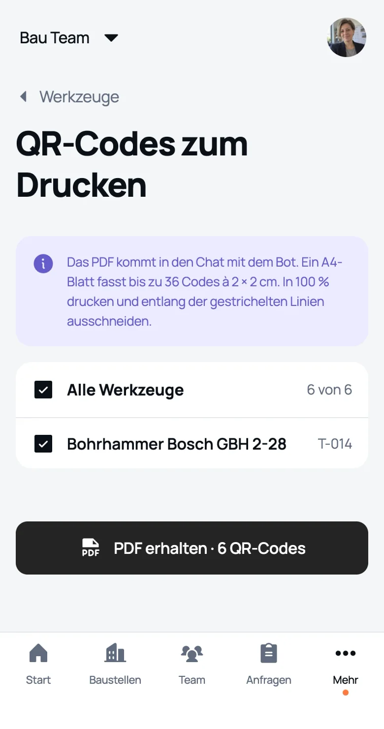 QR‑Codes zum Drucken beim Inhaber: Werkzeuge wählen und PDF auf A4