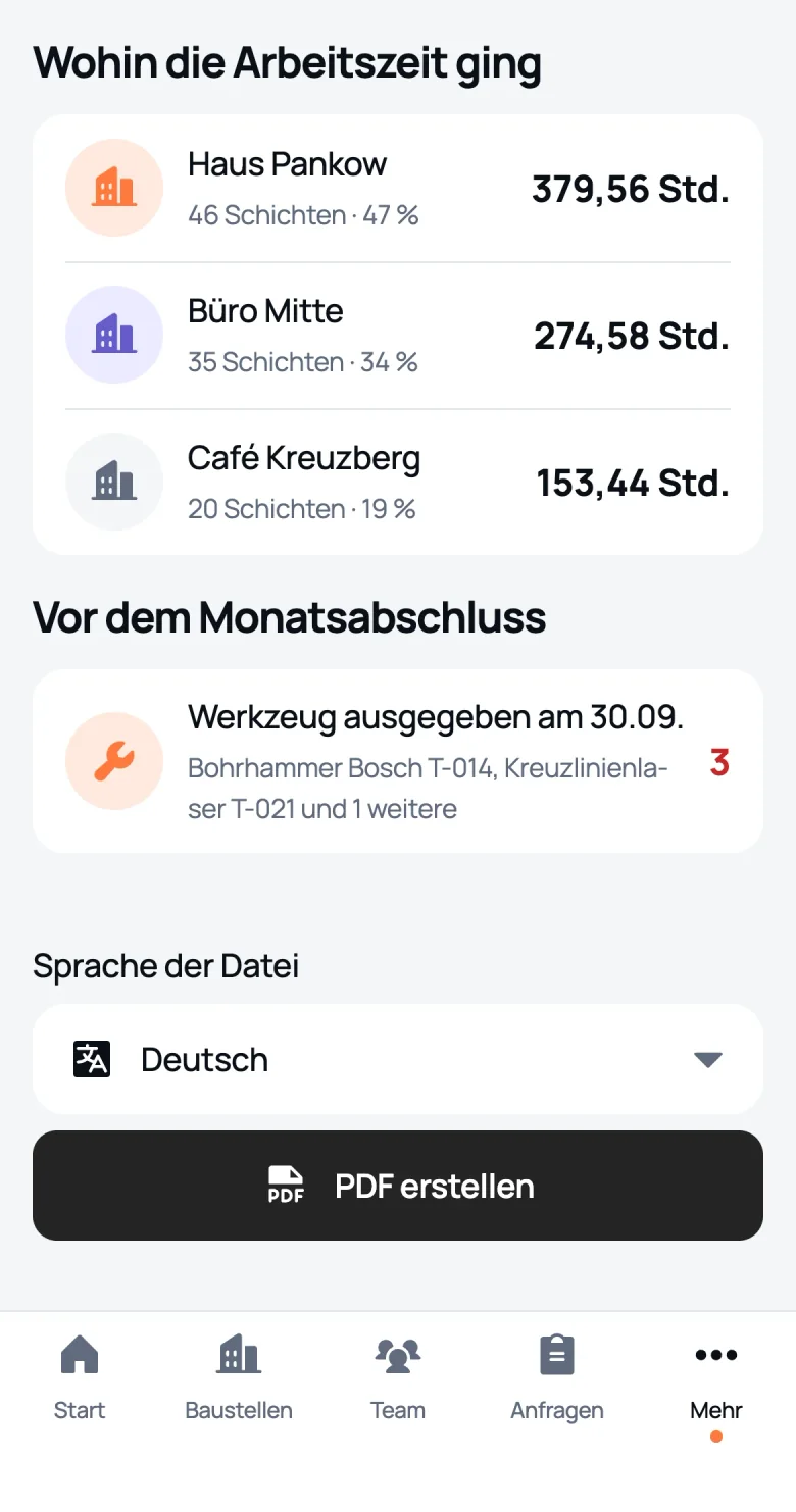 Firmenbericht in We Do Bau: Stunden nach Baustellen und was vor dem Monatsabschluss zu prüfen ist