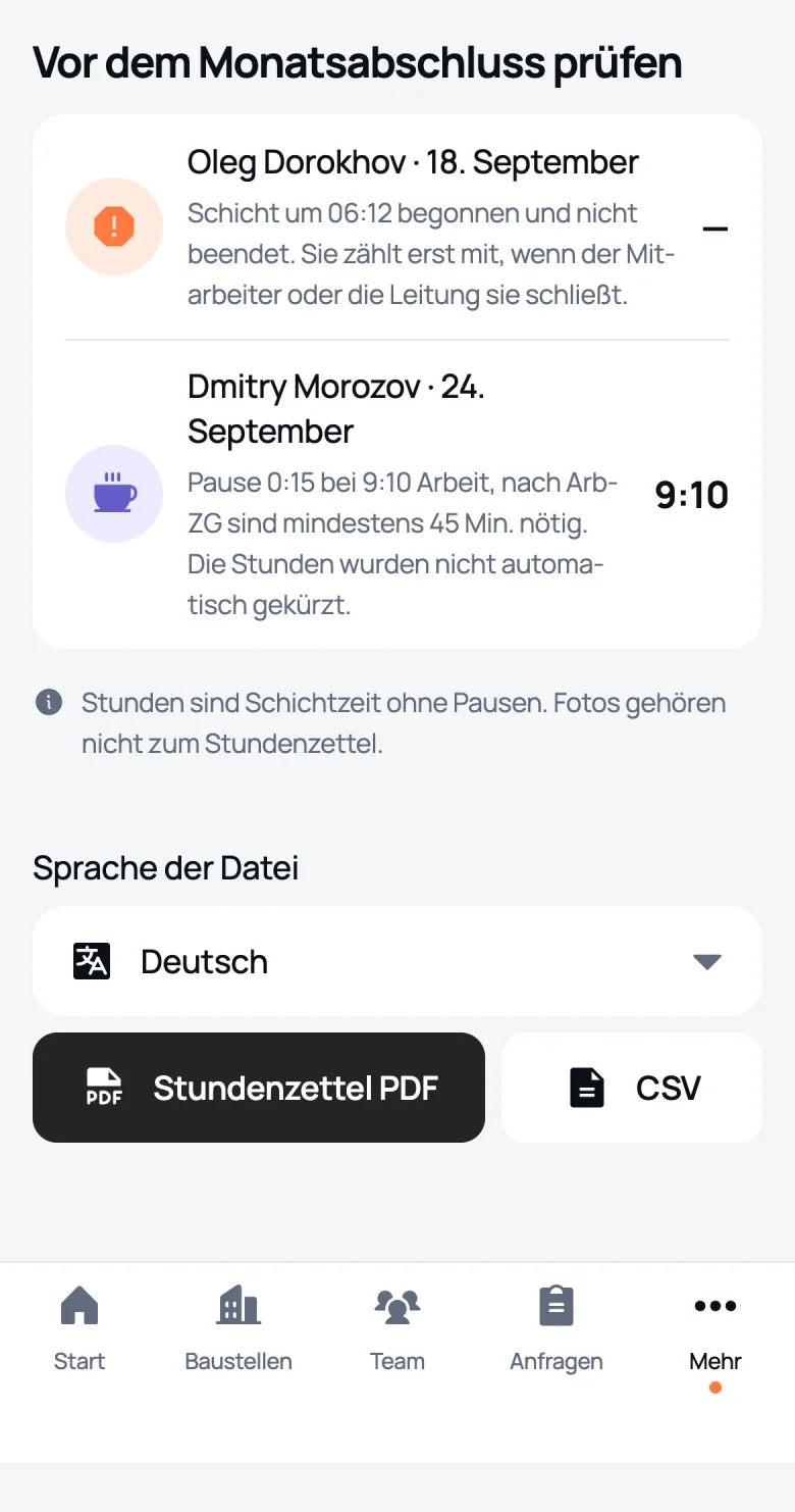 Bereich „Vor dem Monatsabschluss prüfen“ im Stundenzettel von We Do Bau: unbeendete Schicht, zu kurze Pause und von der Leitung beendete Schicht