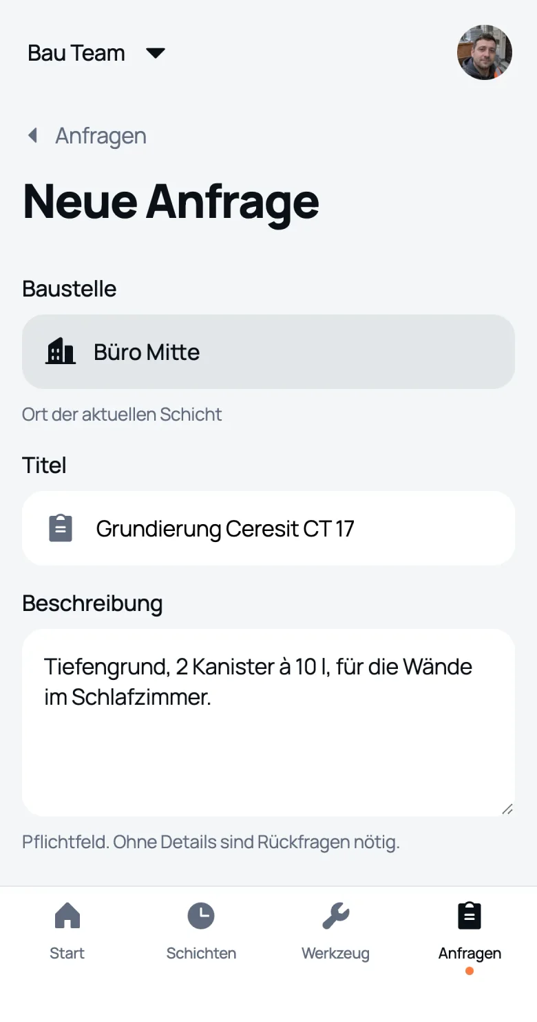Neue Anforderung: Baustelle der aktuellen Schicht, Titel und Beschreibung