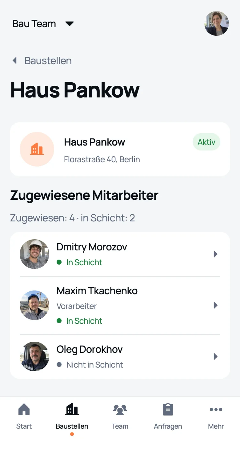 Karte der Baustelle Haus Pankow in We Do Bau: Adresse, eingeteilte Mitarbeiter und wer gerade in der Schicht ist