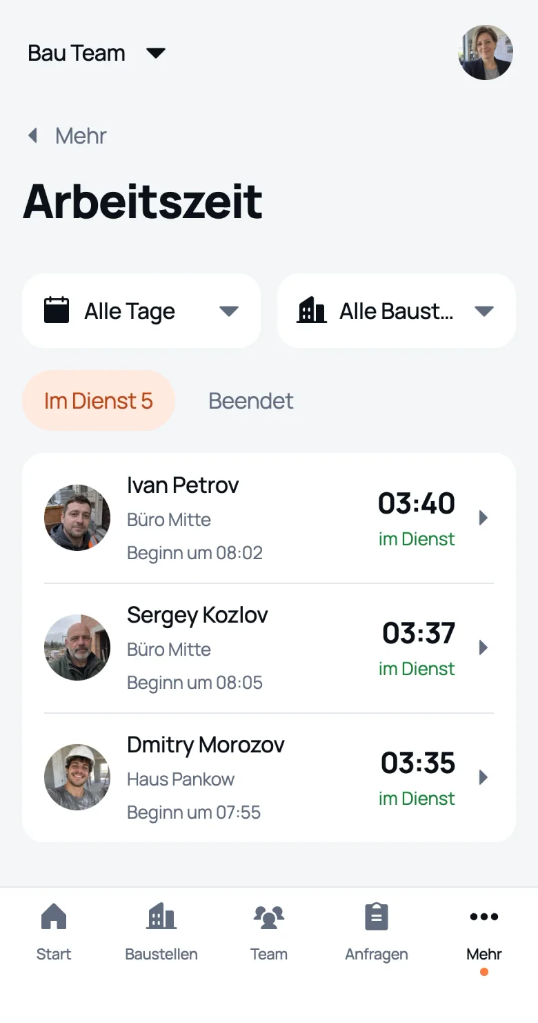 Bildschirm Arbeitszeit in We Do Bau: wer gerade in der Schicht ist und auf welcher Baustelle