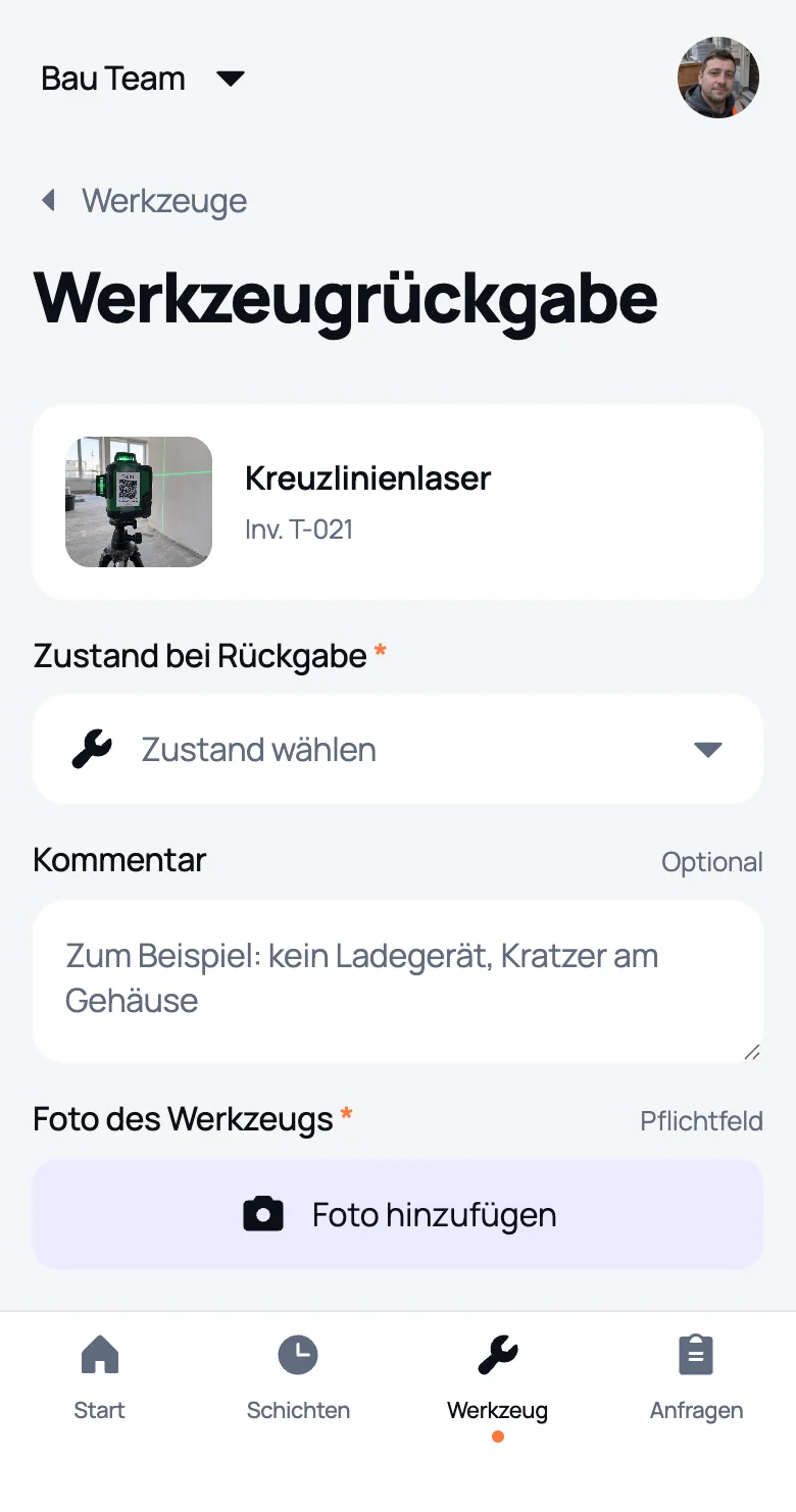 Rückgabe durch den Mitarbeiter: Zustand, Kommentar und Foto