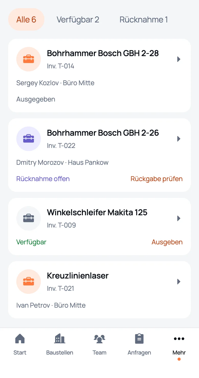 Werkzeugliste in We Do Bau: wer welches Werkzeug hat, freie und noch zu bestätigende