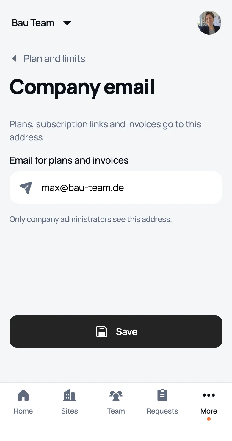 Company email: plans and payment links arrive here
