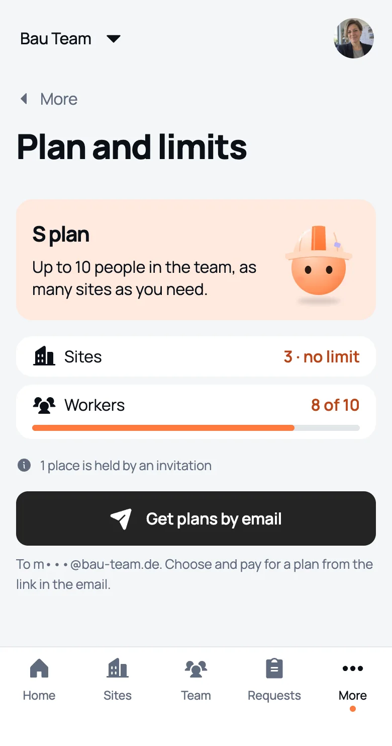“Plan and limits” after payment: plan S, 8 of 10 people, unlimited sites