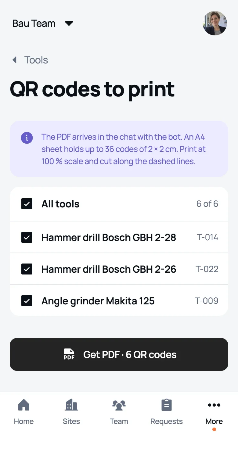 QR codes to print for the owner: pick tools and get a PDF on A4