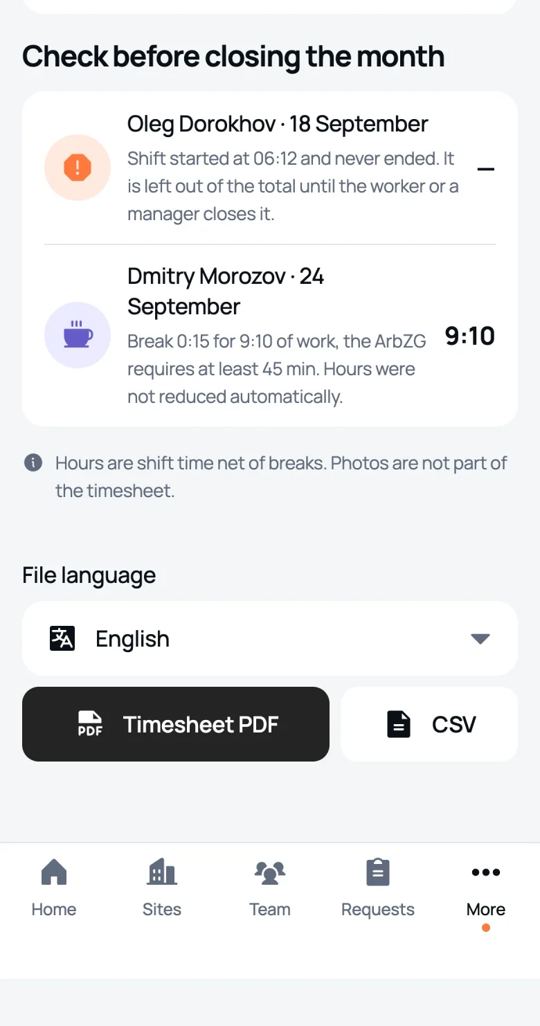The “Check before the month closes” section of a We Do Bau timesheet: an unfinished shift, a short break and a shift closed by a manager