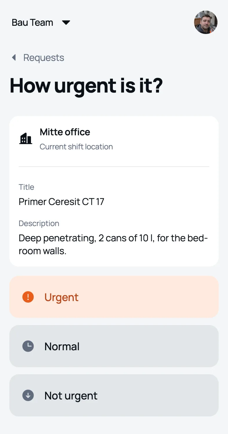 Choosing urgency in a new request: urgent, normal, not urgent