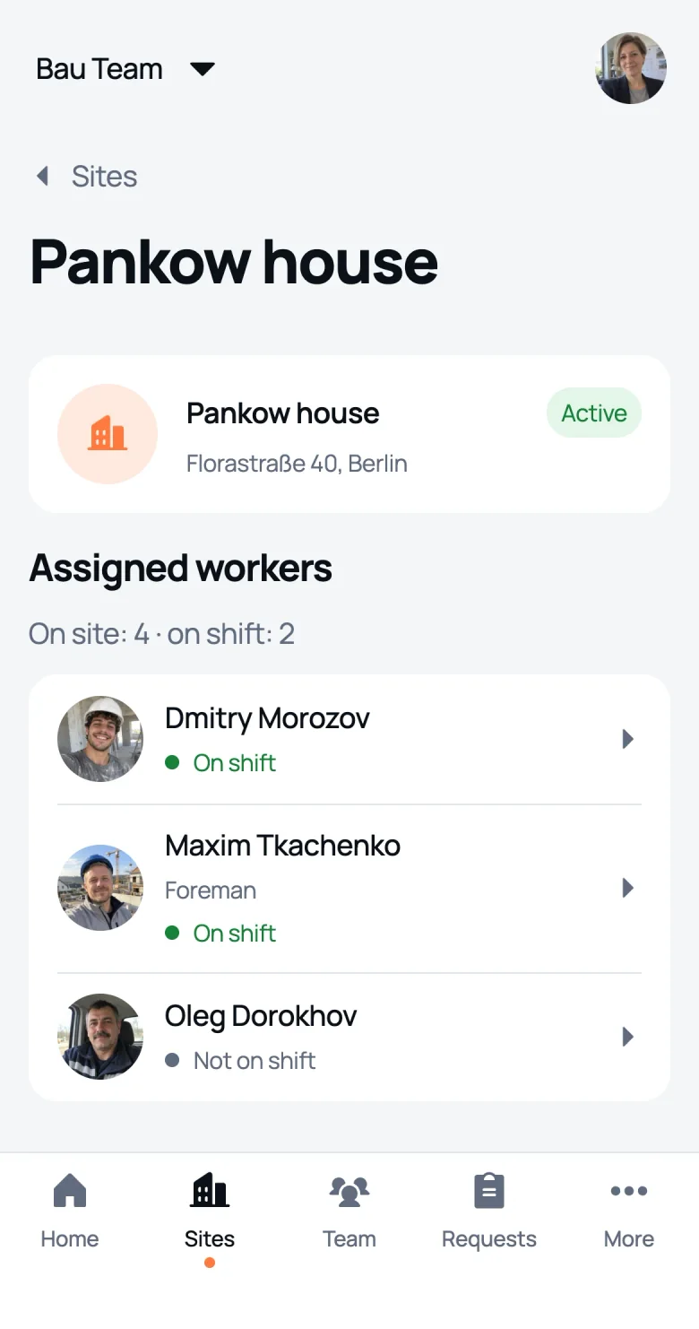 The Pankow house site card in We Do Bau: address, assigned workers and who is on shift now