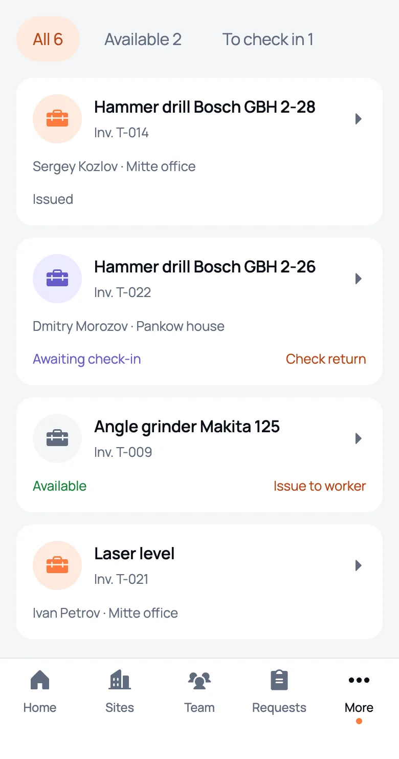 Tool list in We Do Bau: who has each tool, which are available and which are waiting to be checked in