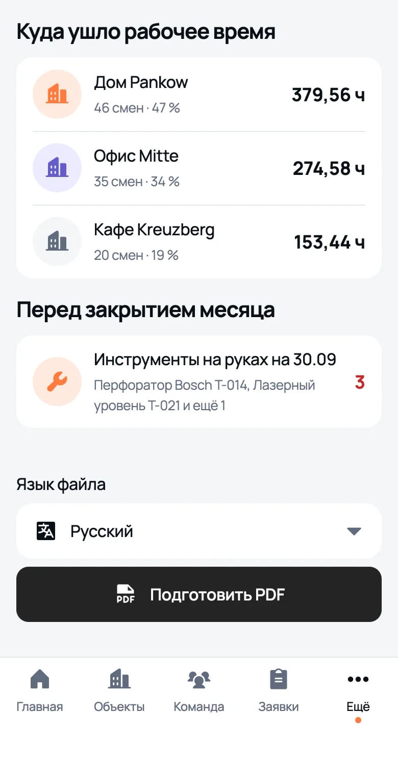 Отчёт компании в We Do Bau: часы по объектам и что проверить перед закрытием месяца