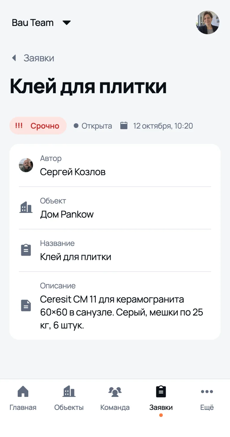 Срочная заявка на клей для плитки глазами руководителя: статус, автор, объект, описание и кнопка «Изменить статус»