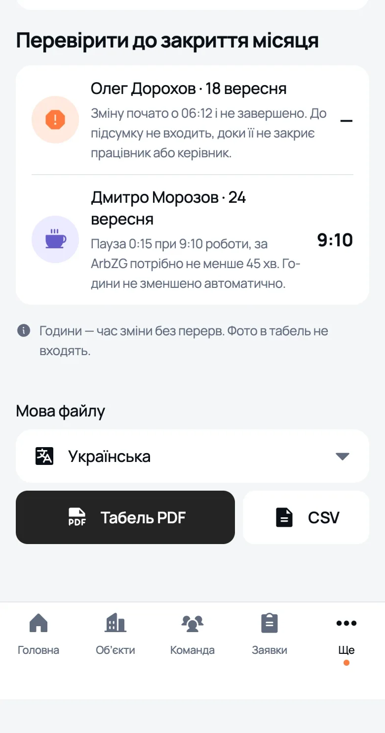 Розділ «Перевірити до закриття місяця» в табелі We Do Bau: незавершена зміна, пауза менша за норму й зміна, закрита керівником