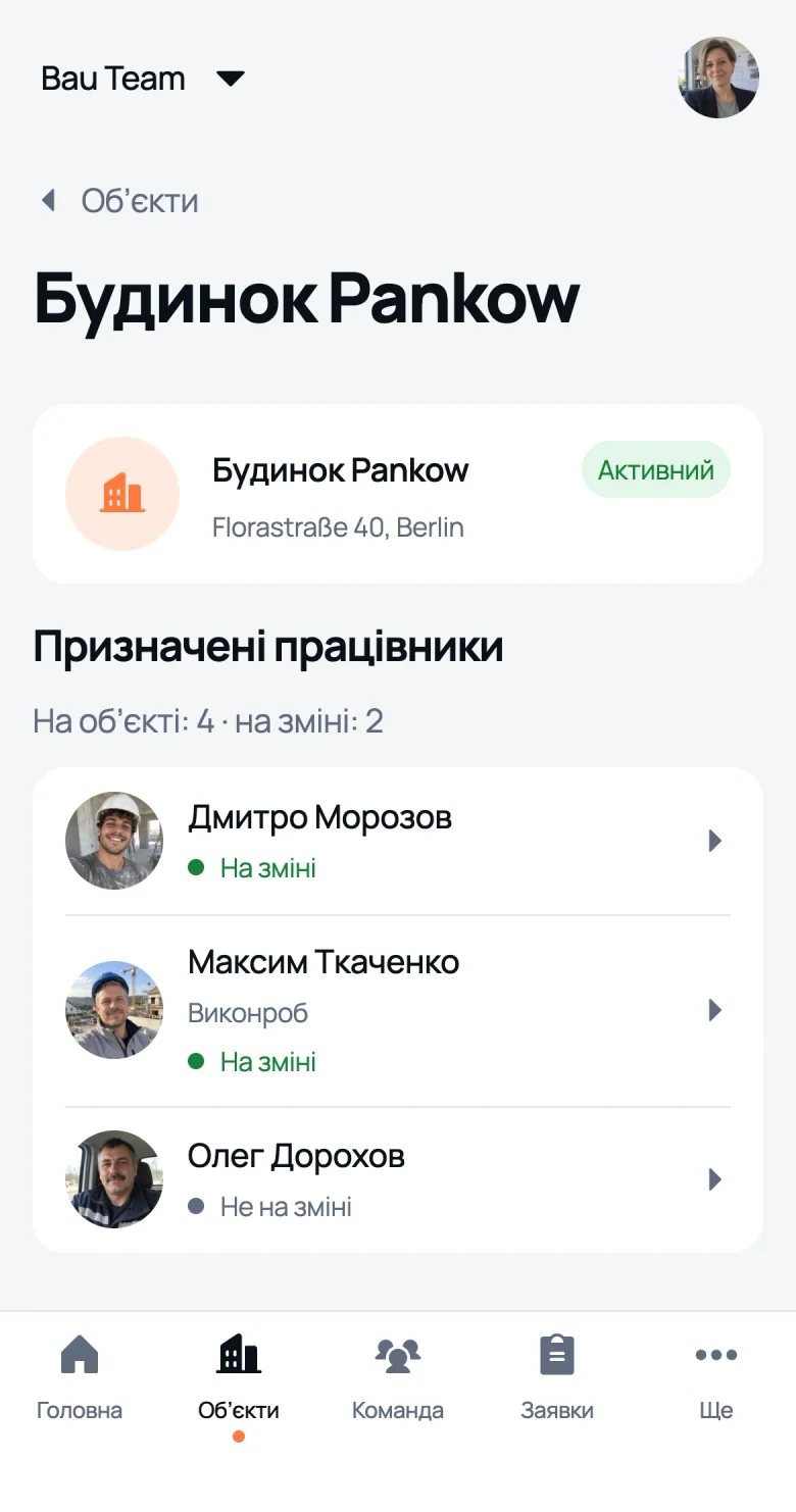 Картка обʼєкта Будинок Pankow у We Do Bau: адреса, призначені працівники й хто зараз на зміні