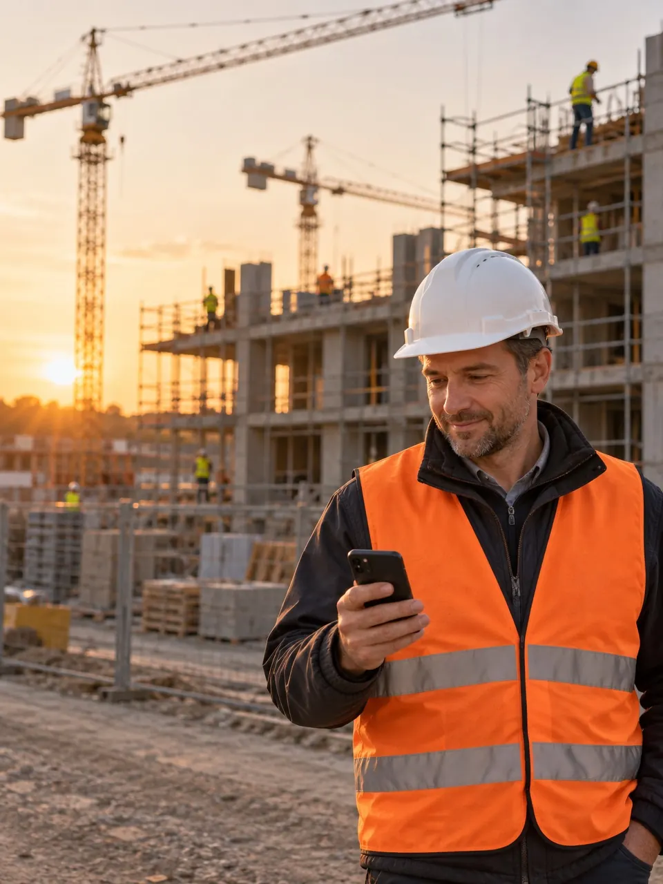Leiter einer großen Baustelle schaut aufs Handy, hinter ihm ein Rohbau, Kräne und Teams